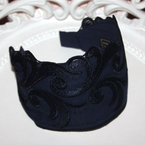 Embroidered 4" inch headband Dark Blue hairband scarf Bohemian headpiece for women luxury wide head cover