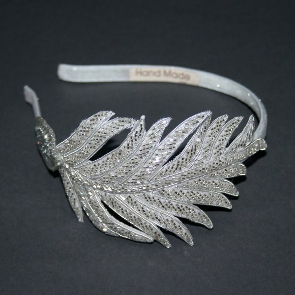 Silver beaded feather fascinator Women bridesmaid headband Party prom wedding tiara sparkling crystal head piece