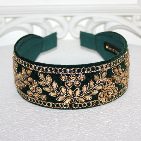 Embellished velvet headband 2" Dark Green & Gold statement headpiece Boho head scarf for women