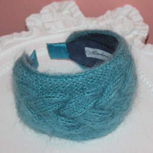 Knitted headband for women Dark Turquoise warm and soft mohair hairband handmade structured winter head cover