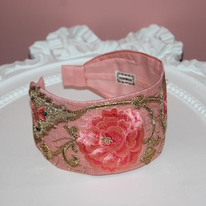 Luxury pink headband women 3" inch pink and gold embroidered events wide hairband wedding headpiece