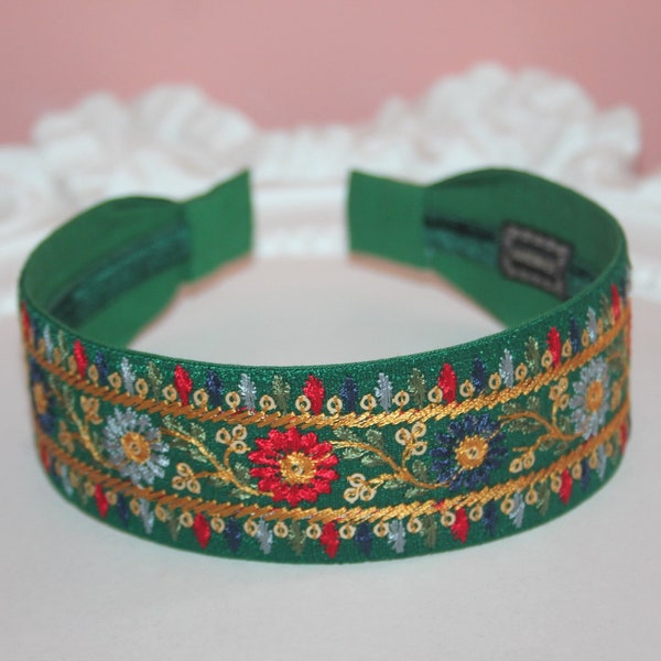 Embroidered headband women, 1.6" inch Dark Green silk hairband, stylish headpiece, luxury headband scarf