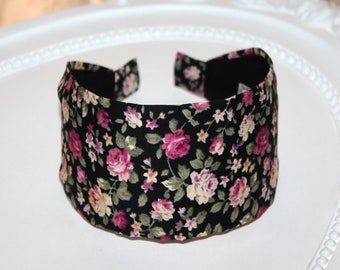 Wide flower print headband Boho head scarf women black and pink structured hair band more widths from 2" to 4" inches