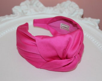 Fuchsia knotted headband cotton blend satin head wrap turban adult top knot hairband for women comfortable knot scarf turban