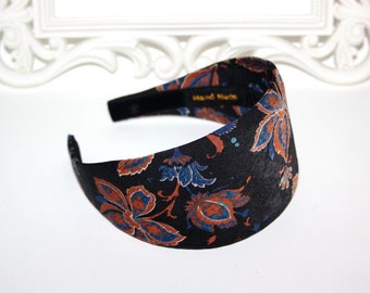 Black satin headband woman Flower print hairband scarf preppy head accessories, plastic free, large size