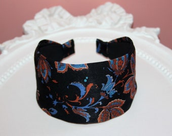 Satin headband Black floral hairband bandana comfortable women head scarf, plastic free,  more widths