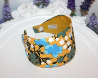 Wide fabric headband mustard and blue Boho head scarf women hair accessory structured cotton hair band