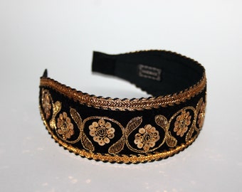 Black&Gold embroidered velvet hair band scarf 2.2" inches [5.5cm] Sequin headband for women Fashion headpiece