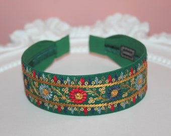 Embroidered headband women, 1.6" inch Dark Green silk hairband, stylish headpiece, luxury headband scarf