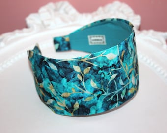 Turquoise batik headband for women Extra wide fabric hairband bandana ombre print cotton hair band
