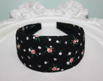 Black velvet headband Extra wide corduroy roses print head cover women pretty head scarf gossip girl hairband