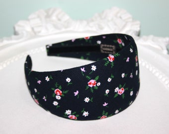 Headband for women Dark Blue corduroy velvet hairband Extra wide roses print hairband