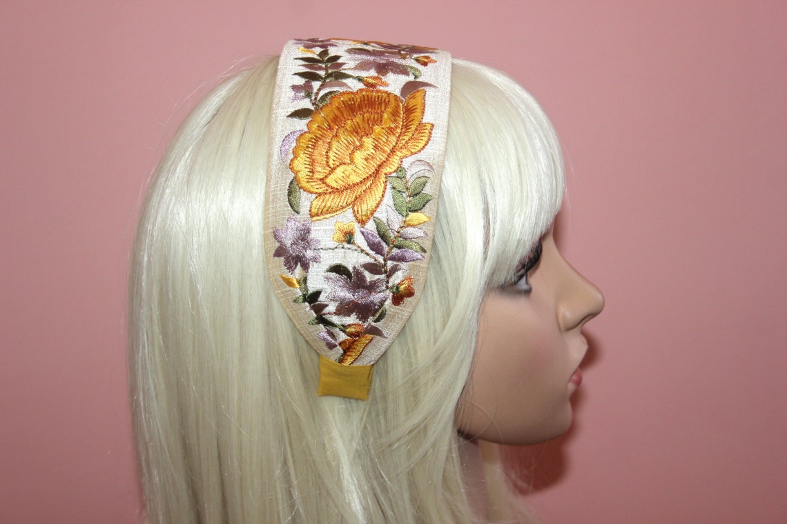 Embroidered Yellow rose headband for women wide silk hairband Etsy