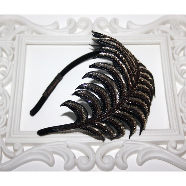Black & Gold beaded fascinator Women bridesmaid headband Party prom wedding tiara sparkling crystal head piece