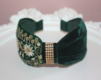 Embroidered headband Dark Green & Gold silk velvet hairband for women Fashion headpiece Structured plastic free headband