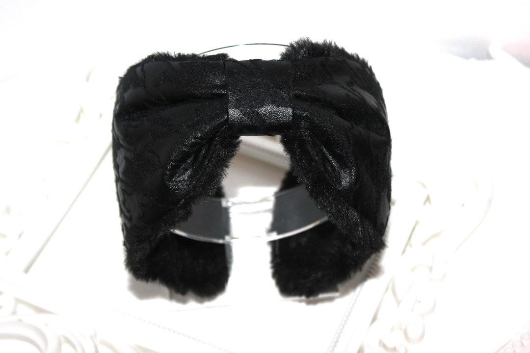 Black Earmuffs Ear Warmer Leather Headband Houndstooth Skiing Etsy