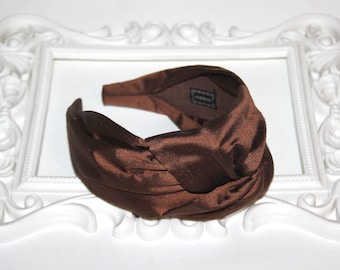 Dark Brown silk knot headband 3" inch luxury 50s pin up top knot turban Wide hairband for women