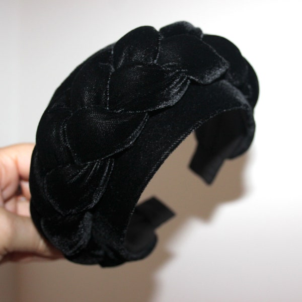 Wide black headband Braided silk velvet hairband Modern braid headwrap, widths from 2.35" to 4"inch