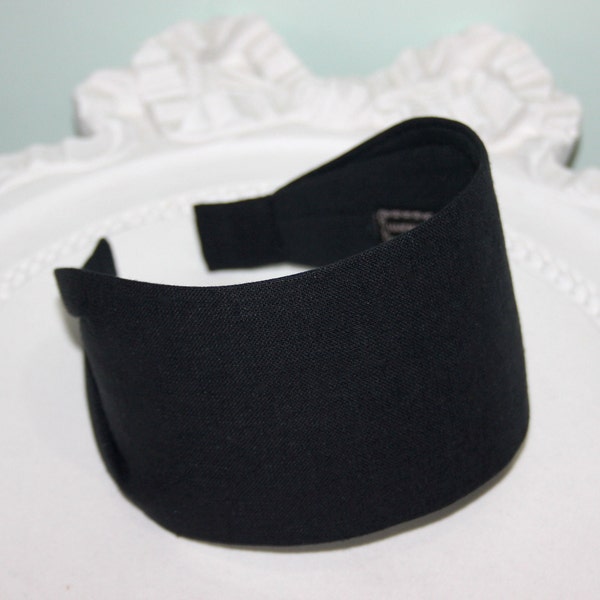 Linen flat headband for women Black plain hairband bandana structured no slip wide headwrap for medium and large head size