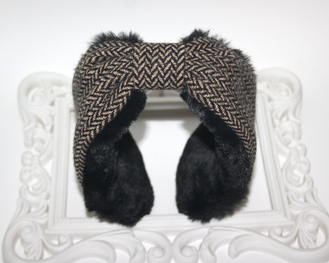 Wool Ear Warmer Faux Fur Earmuffs for Woman Herringbone Headband Turban
