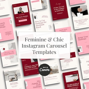 以下が含まれることがあります： ピンクと赤のInstagramカルーセルテンプレートのコレクションで、テキストには「Feminine & Chic Instagram Carousel Templates」、「How to Use Hashtags for Maximum Reach」、「Consistency Alone Will Grow Your Account」、「Ready to Stop These Mistakes?」、「Mix Popular Niche Hashtags」、「Posting Without a Strategy」、「The false promise of staying consistent」、「What Nobody Is Telling You About Content Calendars」、「Rotate Your Hashtags」、「Quality Beats Quantity」、「It's true. You Need to Stay Consistent on Social Media」、「You Need a Strategy」、「Grab a free 7-day content planning」、「Edit in Canva」が含まれています。