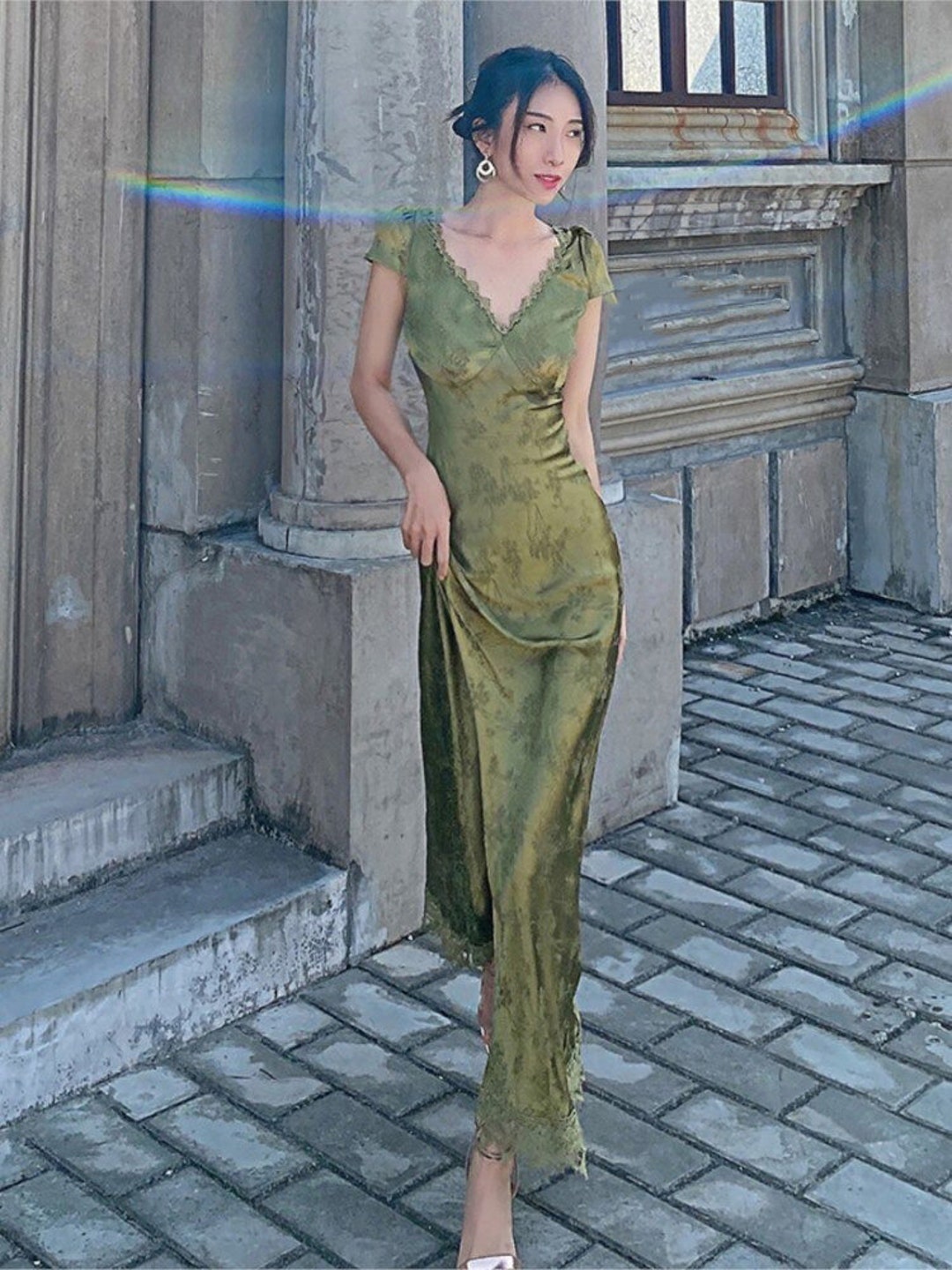Green V-neck Satin Jacquard Dress Backless Maxi Dress - Etsy