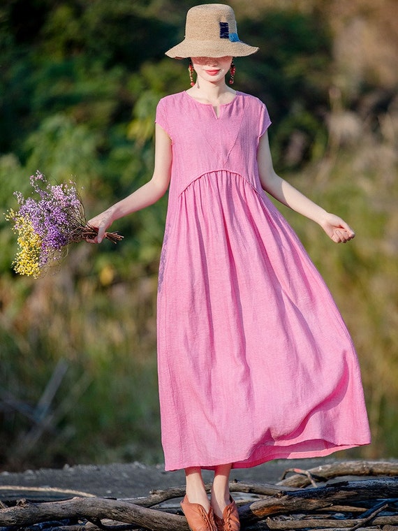 Women's Pink/blue Cotton-linen A-line Dress Summer Loose - Etsy