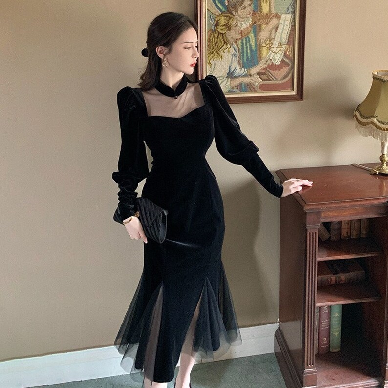 Midi Fitted Waist Black Evening Dress Women Mermaid Collar - Etsy