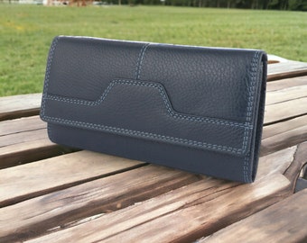 New Women Ladies RFID BLOCKING Real Leather Long Clutch Wallet Purse Dark Blue