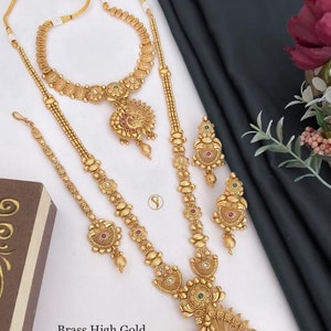 Women s Brass High Gold Plated Long Small Combo Necklace matt Gold Rajwadi Necklace Set by Saundaryam Fashions Etsy Denmark