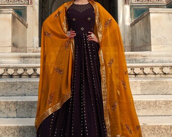 Saundaryam Fashions| Georgette Bollywood Anarkali Salwar Kameez in Black and Grey with Embroidered Work