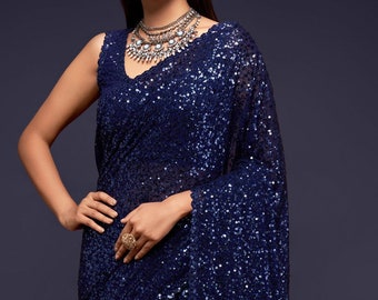 Georgette Festive Saree in Blue with Sequence work