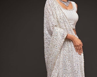 Georgette Party Wear Saree in White and Off White with Thread work
