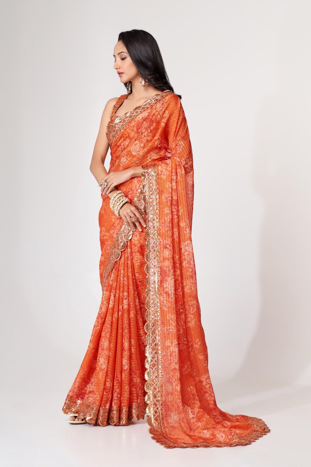 Women orange thread sequence organza silk party wear saree