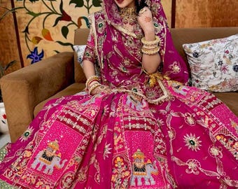 Pink Georgette Bridal Poshak: Rajputi Lehenga with Heavy Sequence Work