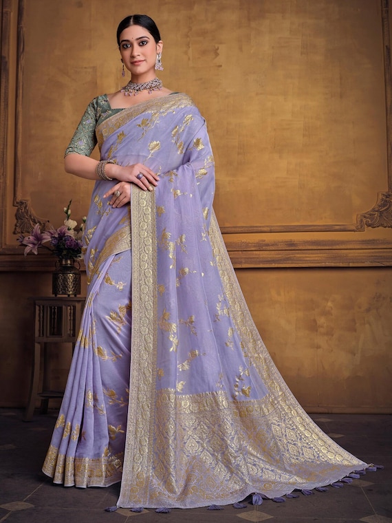 Zari Fancy Partywear South Indian wedding Saree In Purple Color 81583