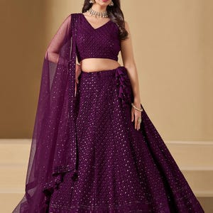 Georgette Traditional Reception Semi-Stitched Lehenga Choli In Purple color-41009