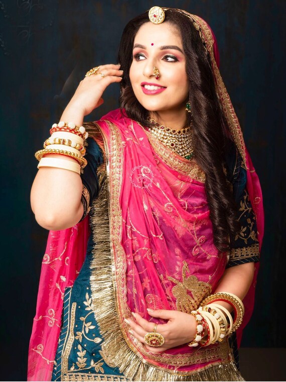 Buy Zari Stone Touch Humrahi Pure Wedding Sangeet Rajputi Poshak in Blue  Color Online in India - Etsy