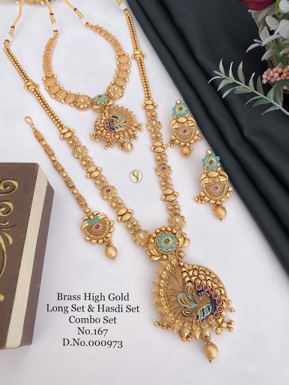 gold plated pearl and stone work brass combo necklace set – diya jewellery  india