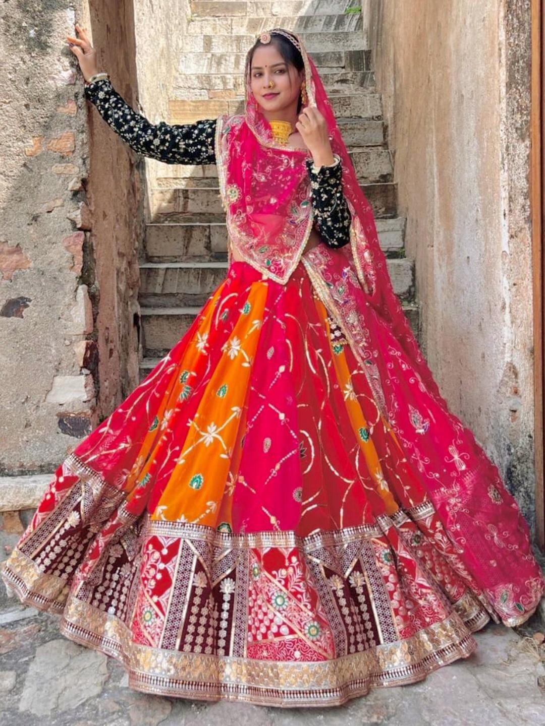 7 Meter Full Gher Georgette Wedding Traditional Rajputi Poshak With 