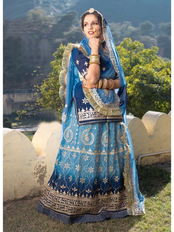 Double Shaded Viscoss Upada Silk Wedding Sangeet Rajputi Poshak in Blue Etsy Canada