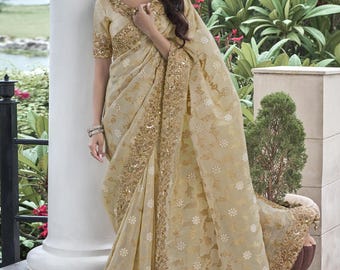 Zari Embroidery Soft Fancy Saree in off white color-81540