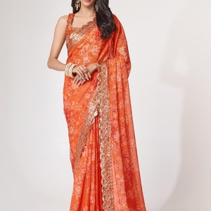 Organza Silk Festive saree in orange with Sequence Digital Print Work