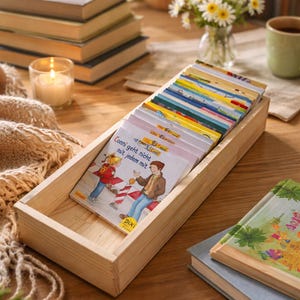 Könnte beinhalten: Eine Holzschale gefüllt mit bunten Kinderbüchern, mit dem Titel "Conni geht nicht mit jedem mit" auf einem Buch sichtbar. Ein Stapel Bücher, eine Kerze und eine Vase mit Blumen stehen ebenfalls auf dem Holztisch.