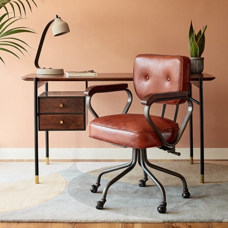 Build Plans Leather Swivel Office Chair in Vintage Whiskey Brown