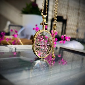 Heather , pink real flower diamond cut glass pendant neckace  , gift idea , nature jewellery
