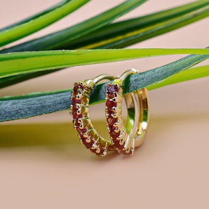 14K Yellow Gold Hoop Earring, Garnet Hoop Earring, Woman Tiny Hoop Earrings, Genius Garnet Hoop Earring, Solid Gold Hoop Earring