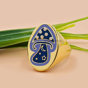 14K Yellow Gold Plated Mushroom Topaz Band Ring Designer Enamel Mushroom Ring Jewelry