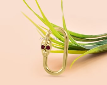 14K Gold Plated Skull Carabiner Lock, Enamel Eye, Sterling Silver