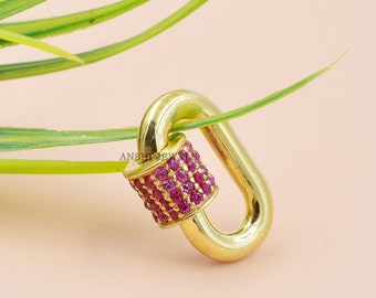 14K Yellow Gold Pink Sapphire Oval Carabiner Lock, Woman Designer Jewelry Connector Lock